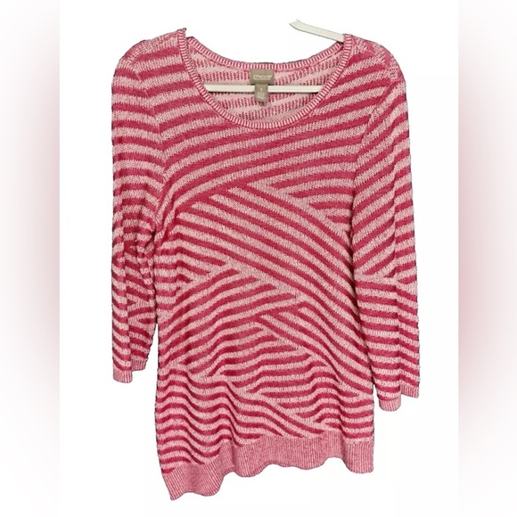Chico’s Sweater Womens 1 (M) Pink Mingle Splice Scoopneck Pullover Asymmetrical - Picture 1 of 11